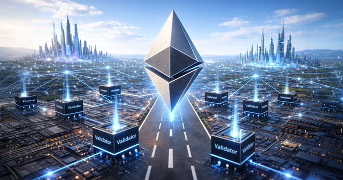 A futuristic cityscape features the Ethereum logo at its center, surrounded by validator nodes interconnected by glowing blue data pathways, visually reinforcing the post's message that L2 networks must evolve beyond scaling to compete on execution, interoperability, and overall utility—much like how a thriving ecosystem depends on robust infrastructure and interconnected participants rather than isolated speed alone.