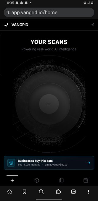 A mobile screenshot of the VANGRID app showing a 'YOUR SCANS' dashboard with a dark radar-like graphic and a prompt for businesses to buy live data.