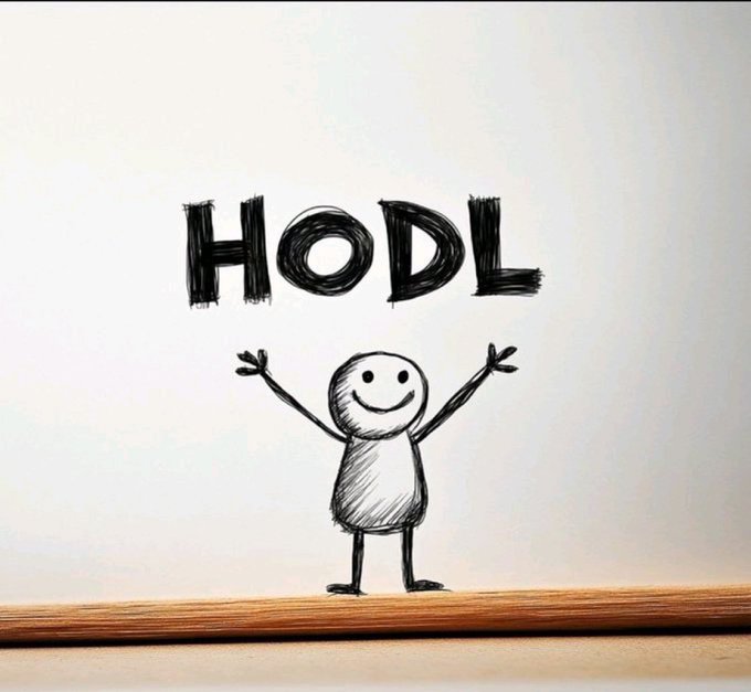 The image features a cartoon drawing of a person with arms raised, holding up a sign that says "HODL". The person appears to be smiling, giving off a positive vibe. There are no other objects or texts present in the image.