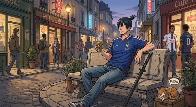 An anime-style character wearing a France national team jersey sits relaxed on a bench in a Paris street, holding a steaming coffee and a katana, with a nearby cat saying "MEOW." Signs for "Tabac-café" and "Café LANE" dot the background, reinforcing the French morning setting that ties into the "Morning Crypto Tweeter" post about France.