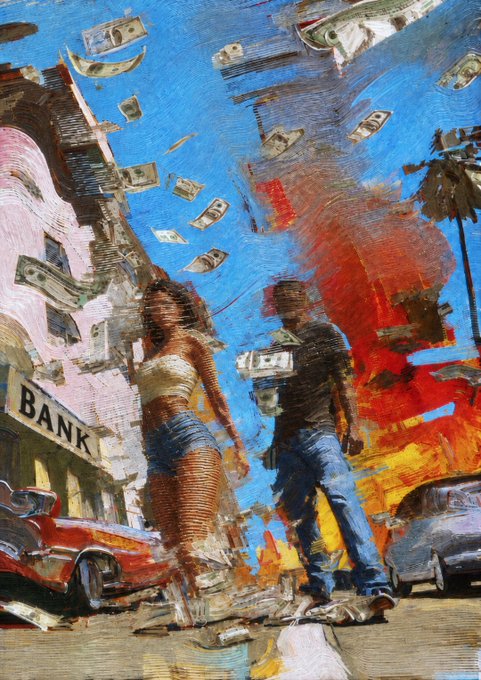 Expressionistic oil painting of a man and woman standing on a street with cars, money flying through the sky, a "BANK" sign on a pink building to the left, and a fiery red explosion behind them.