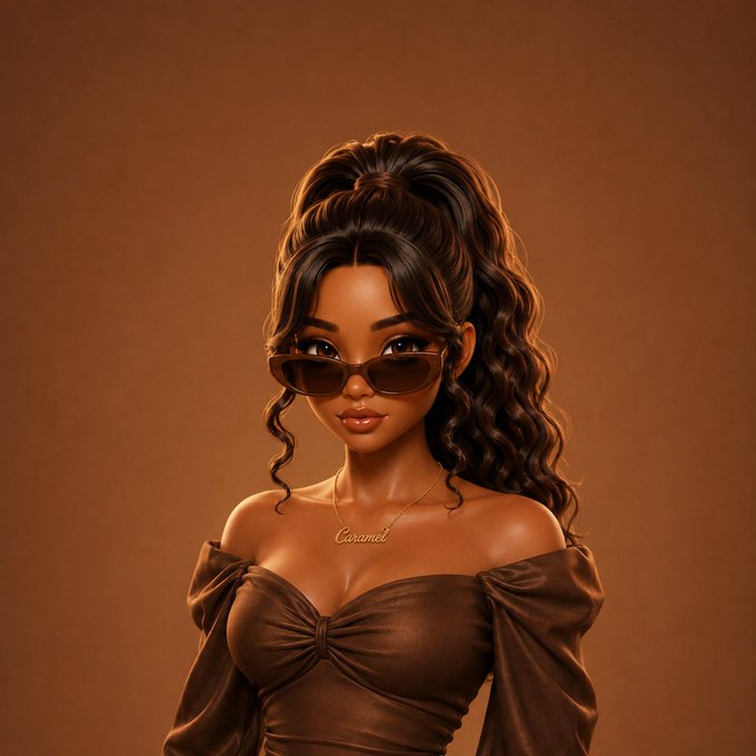 A digital illustration depicts a stylized woman with dark curly hair in a ponytail, wearing brown sunglasses and an off-the-shoulder brown top, accessorized with a 'Caramel' necklace.