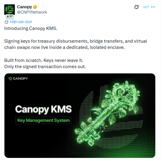 A Twitter/X post by @CNPYNetwork introducing 'Canopy KMS', described as a Key Management System with signing keys for treasury, displayed with a green glowing key graphic.