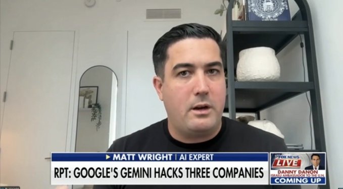A news broadcast featuring AI expert Matt Wright, with the chyron reading 'RPT: GOOGLE'S GEMINI HACKS THREE COMPANIES'.