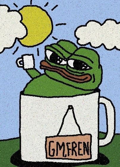 A cartoon illustration shows a green frog with a grumpy expression sitting inside a white coffee mug labeled 'GMFREN', holding a small cup under a bright sun and clouds.