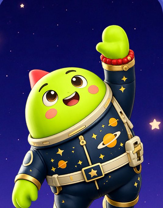 The image shows a cartoon character dressed as an alien wearing a blue suit with gold stars and planets on it, standing against a starry night sky backdrop. The character appears to be waving at the camera while holding up their hand. The caption below the image reads "Hello CT! @SLEEPagotchi is transforming $SLEEP from a reward token into a gateway to the entire ecosystem, where AI features, wellness tools, and exclusive benefits are unlocked through meaningful user participation".