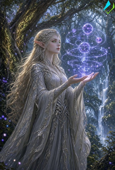 An elegant elven woman with flowing silver hair conjures a glowing purple orb of intersecting orbital rings and luminous spheres in an enchanted forest setting, symbolizing the advanced quantum-secure technology and magical precision underpinning the post-quantum infrastructure described in the caption. The mystical forest and protective, arcane energy visually reinforce Alvey Chain's "Quantum-ready infrastructure" theme of safeguarding tokenized assets through sophisticated cryptographic frameworks.