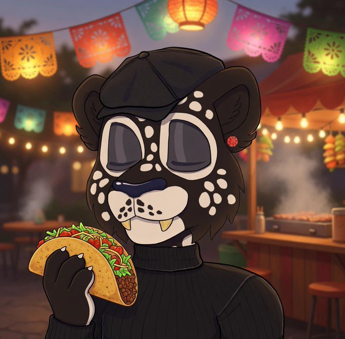 An illustration of a stylized anthropomorphic black panther character wearing a cap and sweater, holding a taco at an outdoor evening market decorated with colorful papel picado banners and string lights.