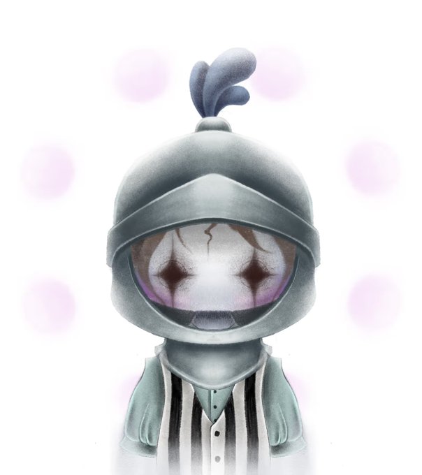 Illustration of a small character wearing a metallic knight's helmet with a feather plume, showing a cracked face with dark X eyes underneath, set against a white background with pink dots.