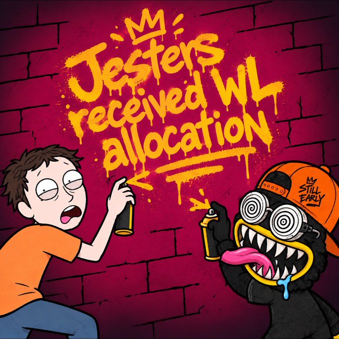 The image features a cartoon-style street art scene with a boy spray-painting "Jesters received WL allocation" alongside a crowned graffiti design, while a manic character wearing a "STILL EARLY" hat holds the spray can. This visually represents the post's announcement that the Jesters community received a whitelist allocation for the @ptsdshow NFT collaboration, with details of 3,333 supply, $30 price, ETH chain, and an October 20th 9AM EST mint time.