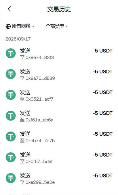 The image shows a transaction history screen displaying multiple USDT (Tether cryptocurrency) transfers, with seven visible entries each showing "-5 USDDT" sent to different wallet addresses (0x9e74...83f3, 0x9a70...d889, etc.) on 2026/09/17. This appears to be promotional proof of $5 USDT payouts, likely used to advertise a task where users can earn free $5 by downloading an app like FomoPeek and registering with a referral code, though the screenshot's date of 2026 suggests it may be fabricated or template-based promotional material.