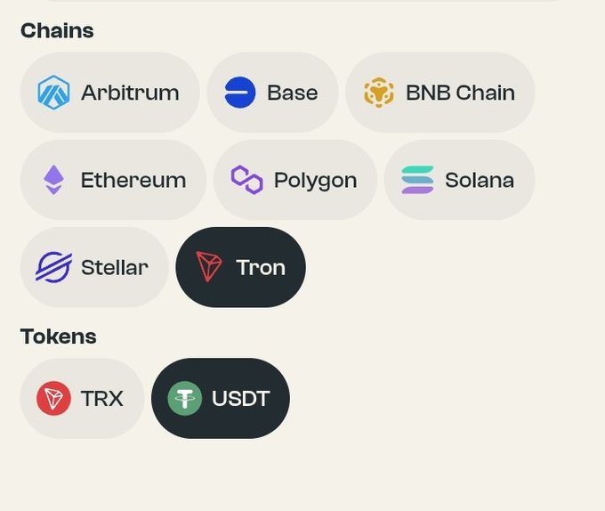 A digital interface displaying various blockchain networks and tokens, with 'Tron' and 'USDT' highlighted, showing options like Arbitrum, Base, BNB Chain, Ethereum, Polygon, Solana, Stellar, and TRX.