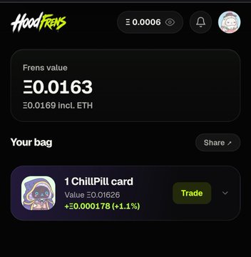 A HoodFrens platform screenshot showing Frens value of Ξ0.0163 and a ChillPill card in the user's bag valued at Ξ0.01626 (+1.1%).