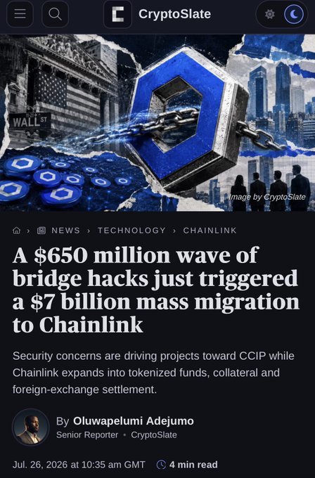 A CryptoSlate news article headlined 'A $650 million wave of bridge hacks just triggered a $7 billion mass migration to Chainlink' by Oluwapelumi Adejumo, dated Jul. 26, 2026.