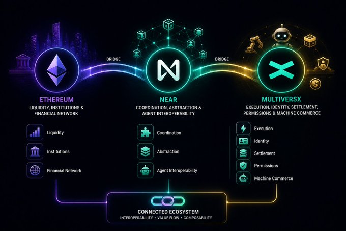 The image shows a flowchart of different types of blockchain networks. The first section focuses on Ethereum's NEAR concept while the second part concentrates on Near blockchain technology. Finally, the third section highlights MultiversX with its bridge concept and the subsequent discussions about liquidity, institutions & financial network, coordination, abstraction, agent interoperability, execution, identity & settlement, permissions & machine commerce. The flowchart is displayed against a dark grey backdrop, emphasizing the importance of each concept within the blockchain ecosystem.
