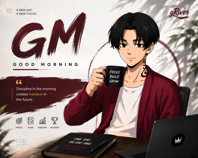 An anime-style illustration of a black-haired man in a red robe holding a 'FOCUS BUILD GROW' mug, with 'GM - GOOD MORNING' text and a motivational quote about discipline.