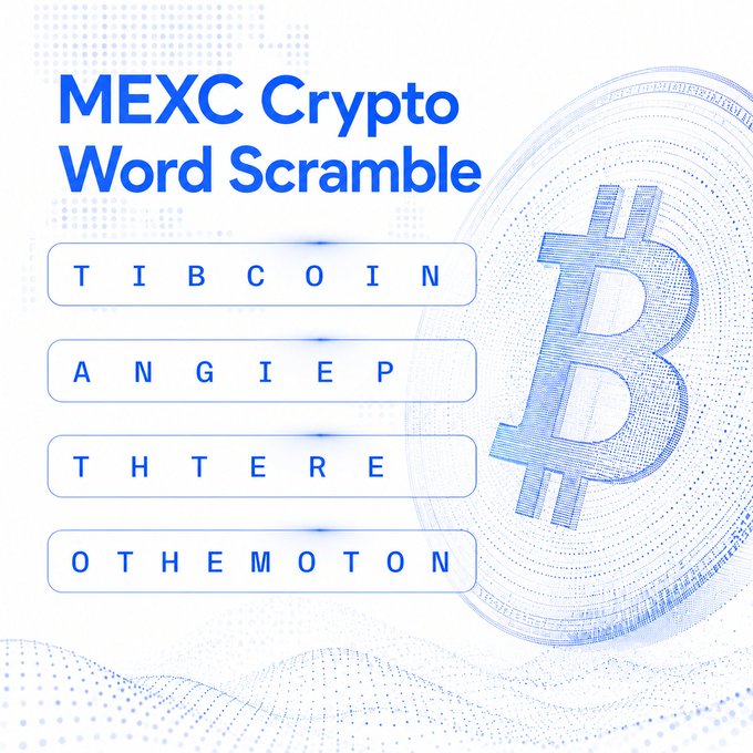 The image is a "MEXC Crypto Word Scramble" graphic featuring a Bitcoin illustration on the right side and four scrambled word challenges on the left: "TIBCOIN," "ANGIEPN," "THTEREN," and "OTHEMOTON" (representing Bitcoin, Pepe, Ethereum, and Monero). It directly matches the post's invitation to test crypto knowledge by unscrambling cryptocurrency names for bragging rights.