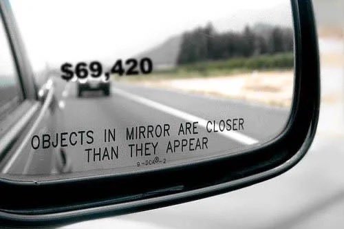 Car side mirror showing a highway scene with the text '$69,420' and the standard warning 'OBJECTS IN MIRROR ARE CLOSER THAN THEY APPEAR'.