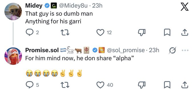 A screenshot of two X (Twitter) posts: @Midey8u saying "That guy is so dumb man / Anything for his garri" and @soL_promise replying "For him mind now, he don share 'alpha'" with laughing and victory hand emojis.