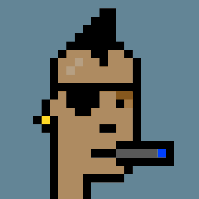 A pixel art illustration of a character with dark spiky hair, a bare chest, a gold earring, and a small gray object protruding from the side, set against a solid blue background.