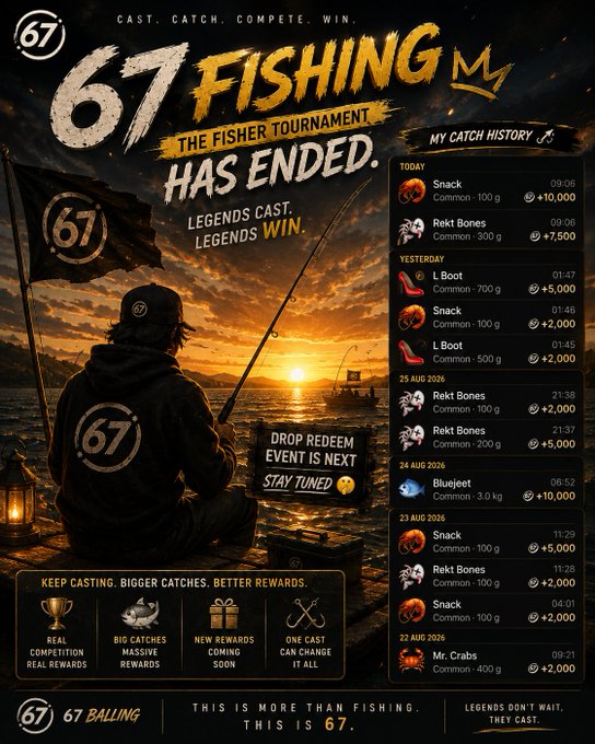 A promotional poster for '67 FISHING' announcing that 'THE FISHER TOURNAMENT HAS ENDED' with the tagline 'LEGENDS CAST. LEGENDS WIN', alongside a catch history list and rewards like 'REAL COMPETITION' and 'BIG CATCHES'.