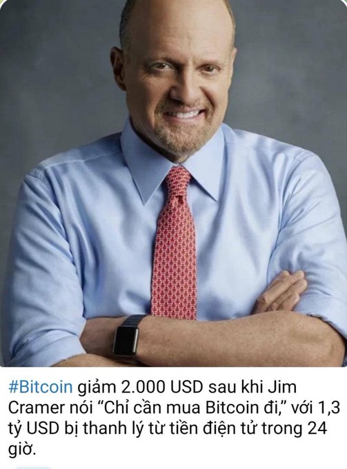 Jim Cramer is pictured with a caption stating that Bitcoin dropped 2,000 USD after he said "Just buy Bitcoin," leading to the liquidation of 1.3 billion USD in electronic funds within 24 hours.