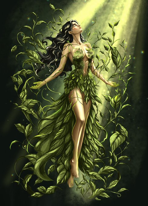 Digital fantasy illustration of a dark-haired woman in a dress made of green leaves, floating upward amid swirling vines in a sunlit forest.