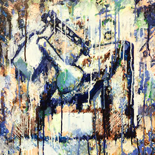Abstract mixed-media painting with heavy dripping textures in blue, brown, and cream tones, featuring graffiti-style elements and illegible text fragments.