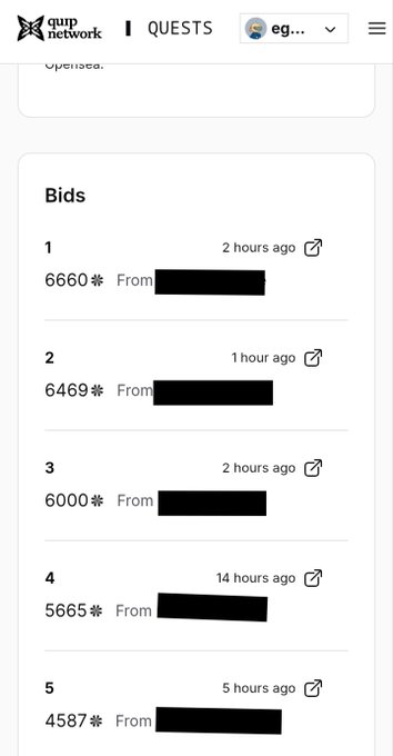 A Nifty Network 'Quests' webpage displaying a list of 5 bids with amounts ranging from 4,587 to 6,660, where bidder names have been blacked out for privacy.