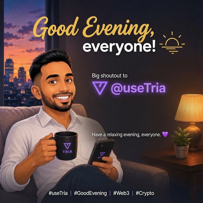 A smiling animated man relaxes on a couch at sunset, holding a "TRIA" mug and phone, with the text "Good Evening, everyone!" and "Big shoutout to @useTria" displayed above him alongside hashtags #useTria, #GoodEvening, #Web3, and #Crypto. The cozy, warm-toned scene visually reinforces the post's message of appreciation for Tria's self-custody and trading platform while wishing followers a peaceful evening.