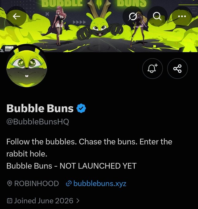 A Twitter/X profile page for 'Bubble Buns' (@BubbleBunsHQ) with a verified badge, featuring green-themed artwork of a rabbit character, with the bio stating 'Follow the bubbles. Chase the buns. Enter the rabbit hole. Bubble Buns - NOT LAUNCHED YET' and joined June 2026.