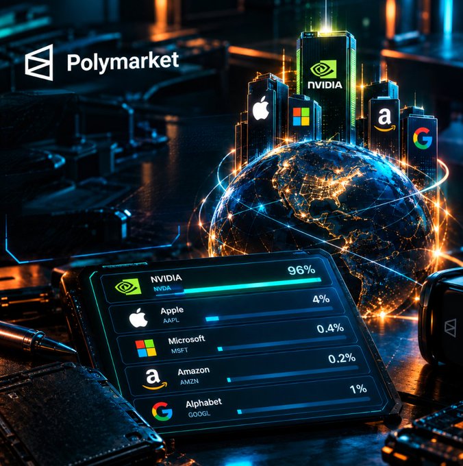 A futuristic Polymarket promotional graphic displays stock predictions with NVIDIA (NVDA) at 96%, Apple (AAPL) at 4%, Microsoft (MSFT) at 0.4%, Amazon (AMZN) at 0.2%, and Alphabet (GOOGL) at 1%, set against a glowing digital globe.