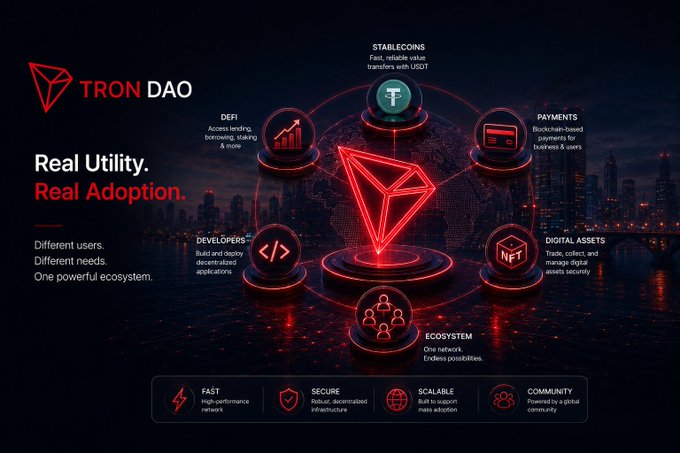 A dark red and black promotional infographic for 'TRON DAO' with the tagline 'Real Utility. Real Adoption.' featuring icons for Stablecoins, DeFi, Payments, Digital Assets, Ecosystem, and Developers surrounding a glowing central TRON logo.