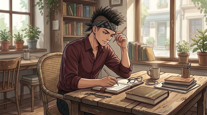 An anime-style illustration of a man with spiky hair and a bandana sitting at a wooden desk, writing in a notebook surrounded by books and potted plants.