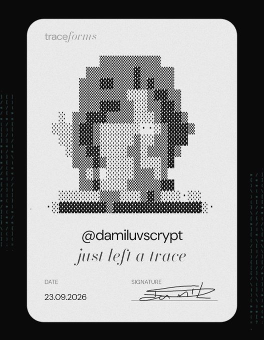 A digital collectible card from traceforms featuring a pixelated figure with '@damiluvscrypt just left a trace', dated 23.09.2026, with a signature line.