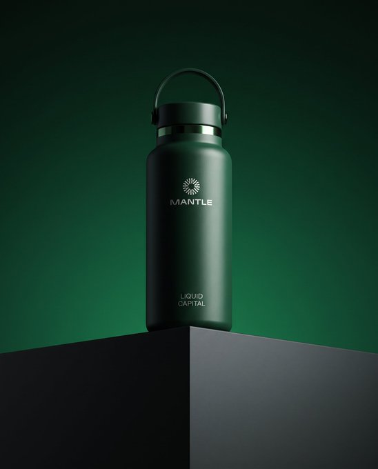 A dark green Mantle "Liquid Capital" branded insulated bottle with a carrying loop sits atop a minimalist pedestal against a moody green gradient background, its portable design symbolizing how Mantle's financial access moves seamlessly with you anywhere.
