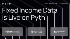 A promotional graphic states 'Fixed Income Data is Live on Pyth' with logos for Fenics, Tradeweb, and OpenYield.