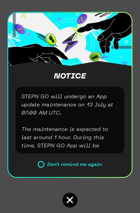 A pop-up notice from STEPN GO announces an App update maintenance scheduled for 13 July at 07:00 AM UTC, lasting approximately 1 hour, with a check-in screen showing two hands reaching toward glowing capsules. The stylized illustration of hands grabbing capsules visually ties to the post's reaction of surprise at a new capsule-themed feature.
