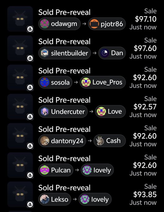 A dark-themed digital marketplace activity log showing a series of "Sold Pre-reveal" transactions with prices ranging from $92.57 to $97.60, featuring various usernames and item icons.