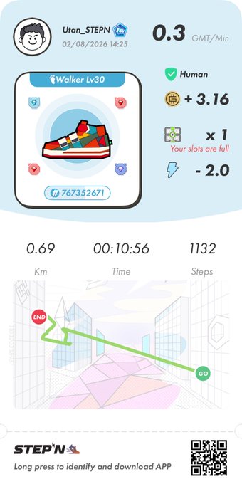 A STEPN fitness app screenshot showing user 'Utan_STEPN' with a 'Walker Lv30' sneaker NFT, earning +3.16 GMT, with stats 0.69 Km, 00:10:56 Time, and 1132 Steps.