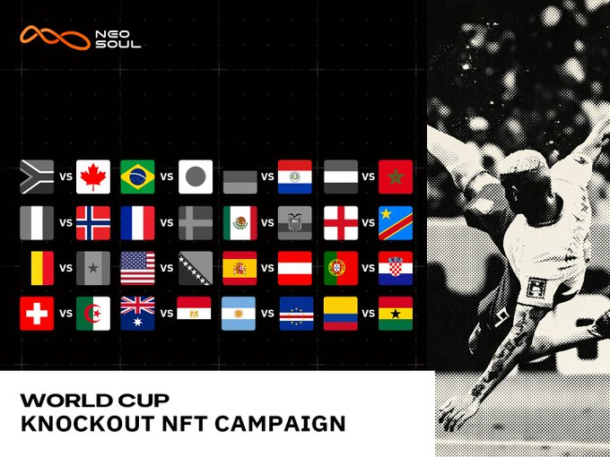 Promotional graphic for a 'World Cup Knockout NFT Campaign' by Neo Soul, displaying matchups with national flags alongside a black-and-white image of a soccer player celebrating.