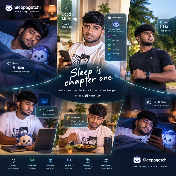 Sleepagotchi promotional collage with the tagline 'Sleep is chapter one' and 'Powered by Gotchi Labs,' showing a young man through various daily activities (sleeping, working, exercising, eating, relaxing) with an AI companion interface tracking Sleep, Wellness, Fitness, Nutrition, and Shopping.