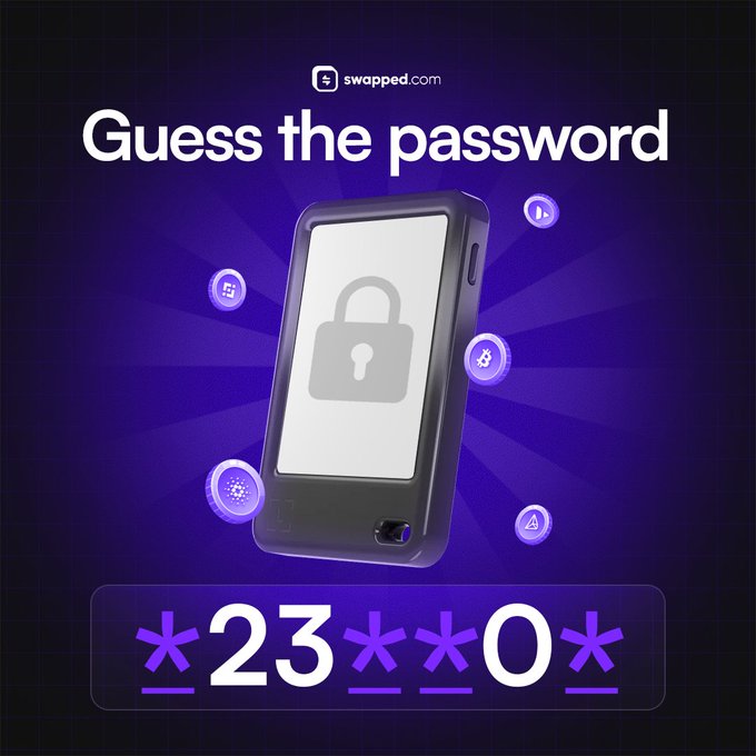 The image is a promotional graphic by Swapped.com featuring a stylized hardware wallet displaying a padlock icon, with the headline "Guess the password" and a partial password sequence of "*23**0*" shown below—visually illustrating the social media contest challenge of guessing a crypto wallet password.