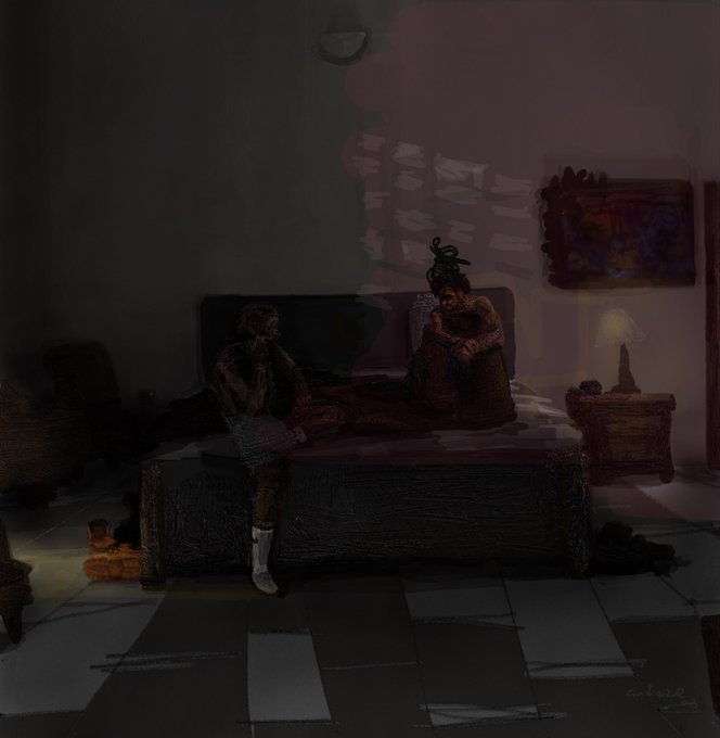 A moody digital painting depicts two figures sitting on a bed in a dimly lit room with checkered flooring and a bedside lamp.