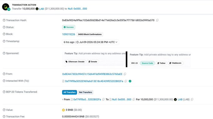 A blockchain transaction record showing a successful transfer of 10,000,000 LAB ($11,300,000) from address 0xf79... to a null address, with a transaction fee of 0.0000044424 BNB.