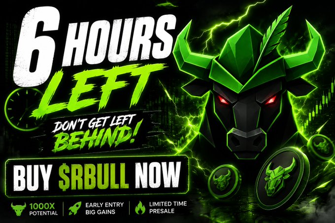 A dark, neon-green promotional graphic featuring a fierce mechanical bull with glowing red eyes and "$RBULL" coins, headlined "6 HOURS LEFT – DON'T GET LEFT BEHIND! BUY $RBULL NOW," highlighting the limited-time presale ticking down toward its final six hours as described in the post.