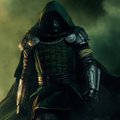 A dark, hooded figure in ornate armor stands against a moody, dark background.