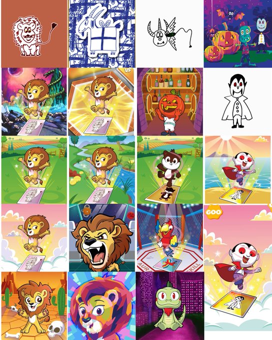 A collage of 16 colorful cartoon illustrations featuring various characters like lions, owls, vampires, and birds in different scenarios.
