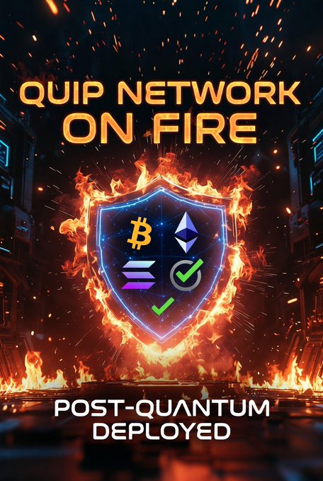 The image shows a dramatic promotional graphic for Quip Network featuring a flaming shield emblazoned with Bitcoin, Ethereum, and Solana logos, alongside checkmarks symbolizing their post-quantum security status. The bold text reads "QUIP NETWORK ON FIRE" at the top and "POST-QUANTUM DEPLOYED" at the bottom, visually reinforcing the post's message that $QUIP is leading the charge with post-quantum wallets already live on major chains while others are still asking questions.