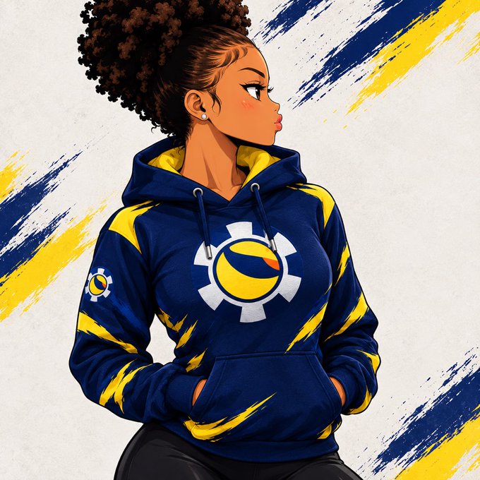 An illustrated portrait of a woman wearing a blue and yellow hoodie featuring a gear logo, set against a background with bold blue and yellow brushstrokes.